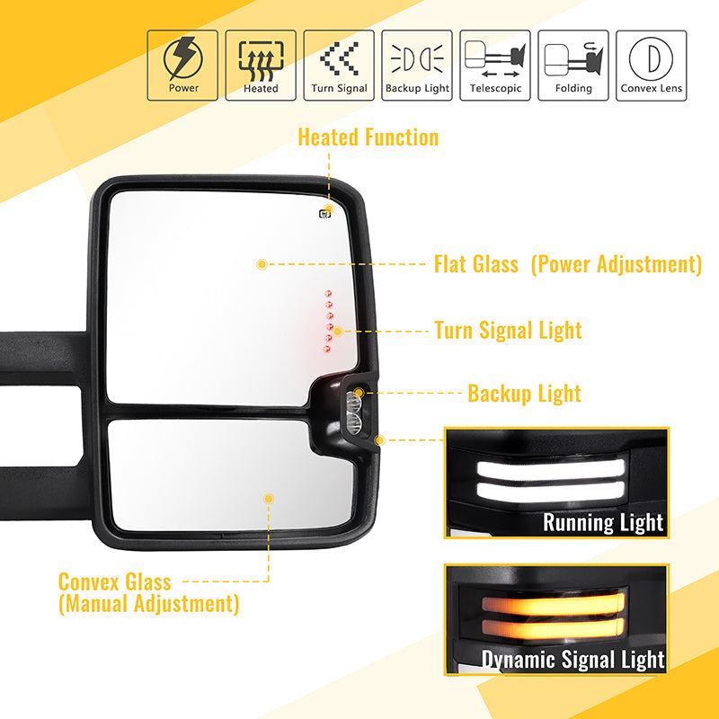 Custom Extendable Telescopic Towing Mirror for 2007 New body - 2013 Chevy Silverado GMC Sierra etc