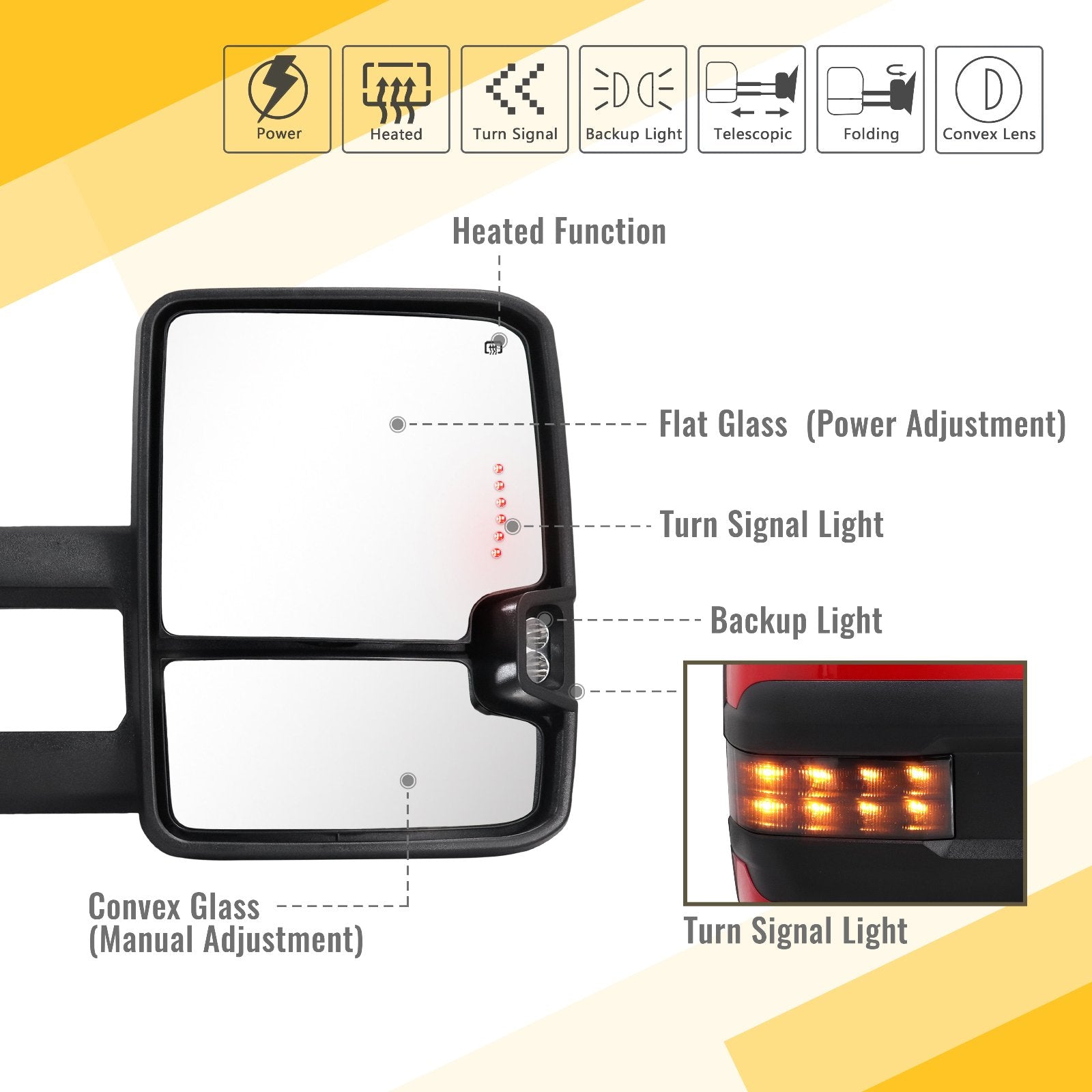 Sanooer-Basic-Towing-Mirror-2007-New-body-2013-Chevy-Silverado-GMC-Sierra-painted-red-functions